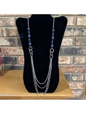 Silver tone 4 strand blue beaded accent long chain necklace